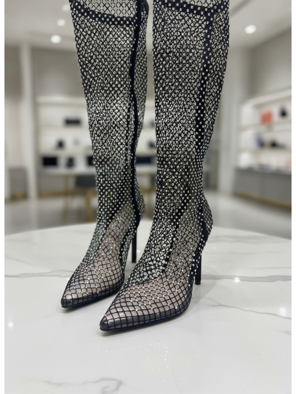 Black Rhinestone Mesh Ankle Boots Women's Size 8 Pointed Toe Stiletto Booties